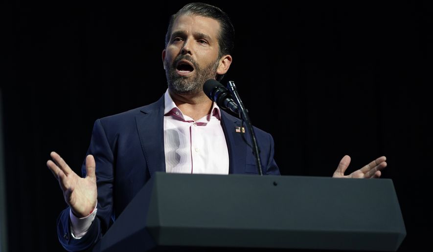 Donald Trump Jr. speaks before President Donald Trump arrives to speak to a group of young Republicans at Dream City Church in Phoenix on June 23, 2020. (AP Photo/Evan Vucci) **FILE**