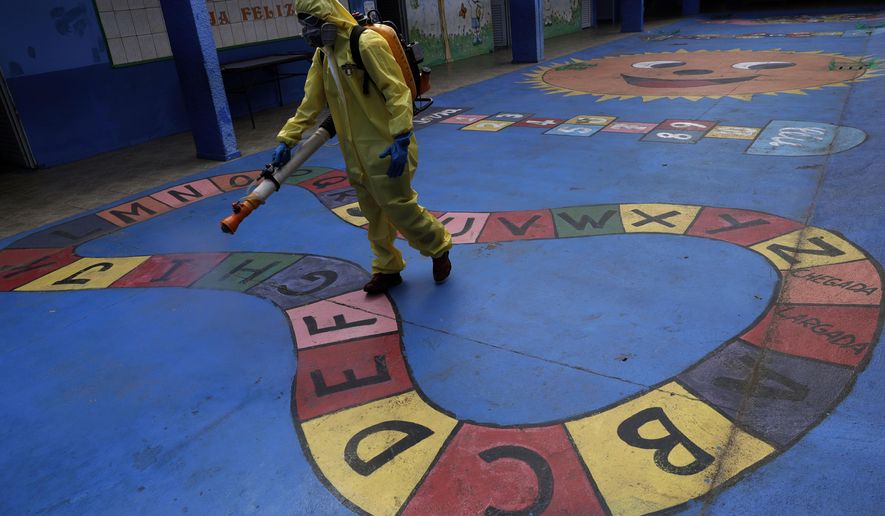 A government employee disinfects a public school as a measure against the spread of the new coronavirus, in the Taguatinga neighborhood of Brasilia, Brazil, Tuesday, July 28, 2020. The local government has began preparing for the safe reopening of schools in mid-August, as restrictions related to the COVID-19 lockdown are eased. (AP Photo/Eraldo Peres)