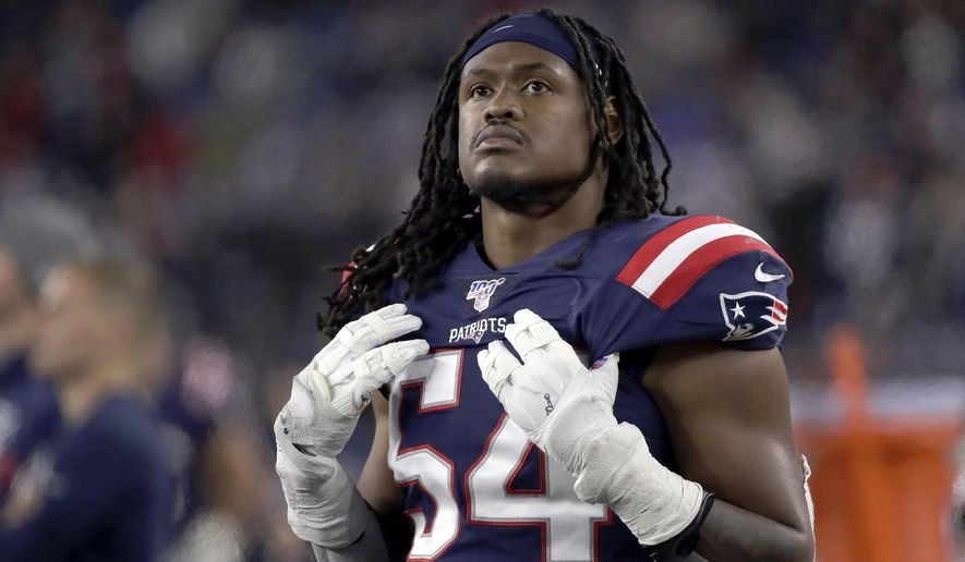 FILE - In this Oct. 10, 2019, file photo, New England Patriots linebacker Dont'a Hightower watches from the sideline during the second half of an NFL football game against the New York Giants in Foxborough, Mass. A person familiar with the situation says Hightower has decided to opt out of the 2020 season. Hightower’s decision was made out of concern for the health of his fiancée and child, who was born earlier this month, the person said. (AP Photo/Elise Amendola, File)
