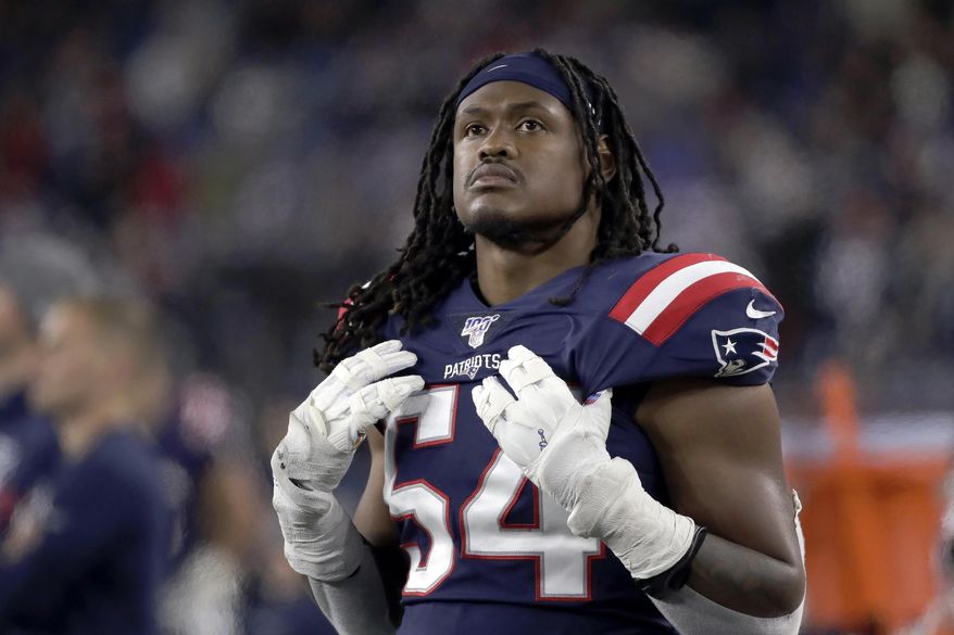 FILE - In this Oct. 10, 2019, file photo, New England Patriots linebacker Dont'a Hightower watches from the sideline during the second half of an NFL football game against the New York Giants in Foxborough, Mass. A person familiar with the situation says Hightower has decided to opt out of the 2020 season. Hightower’s decision was made out of concern for the health of his fiancée and child, who was born earlier this month, the person said. (AP Photo/Elise Amendola, File)