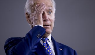 Democratic presidential candidate former Vice President Joe Biden gestures while referencing President Donald Trump at a campaign event at the William &quot;Hicks&quot; Anderson Community Center in Wilmington, Del., Tuesday, July 28, 2020.(AP Photo/Andrew Harnik)  **FILE**