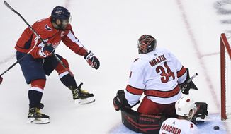 Washington Capitals left wing Alex Ovechkin (8) scores past Carolina Hurricanes goaltender Petr Mrazek (34) during the second period of an exhibition NHL hockey game Wednesday, July 29, 2020 in Toronto. (Nathan Denette/The Canadian Press via AP)