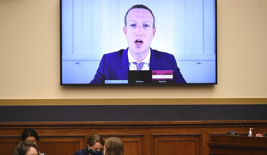 Facebook CEO Mark Zuckerberg testifies remotely during a House Judiciary subcommittee on antitrust on Capitol Hill on Wednesday, July 29, 2020, in Washingon. (Mandel Ngan/Pool via AP)  