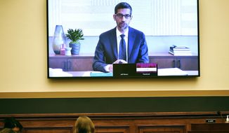 Google CEO Sundar Pichai testifies remotely during a House Judiciary subcommittee on antitrust on Capitol Hill on Wednesday, July 29, 2020, in Washington. (Mandel Ngan/Pool via AP)