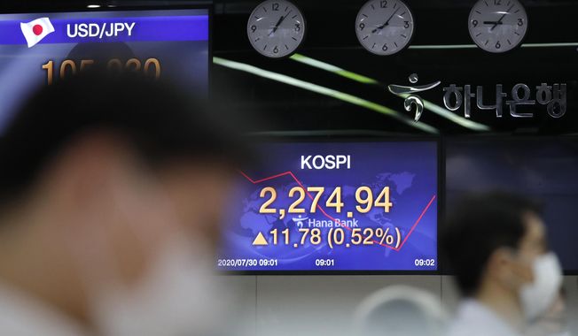 Currency trader watch computer monitors near the screen showing the Korea Composite Stock Price Index (KOSPI) at the foreign exchange dealing room in Seoul, South Korea, Thursday, July 30, 2020. Asian stocks advanced Thursday after the U.S. Federal Reserve left interest rates near zero to support a struggling economy. (AP Photo/Lee Jin-man)