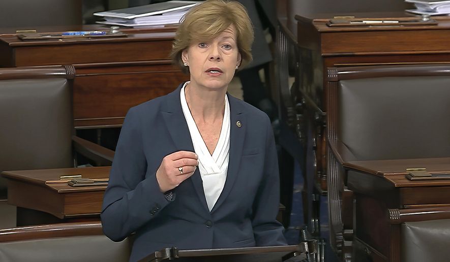 FILE - In this Wednesday, Feb. 5, 2020, file image from video, Sen. Tammy Baldwin, D-Wis., speaks on the Senate floor about the impeachment trial against President Donald Trump at the U.S. Capitol in Washington. Baldwin isn&#39;t saying what her chances are to be picked as presumptive presidential nominee Joe Biden&#39;s running mate. She&#39;s also not saying whether she shares concerns raised by other Democrats about her Republican colleague, Sen. Ron Johnson, possibly assisting a Russian disinformation campaign. (Senate Television via AP, File)