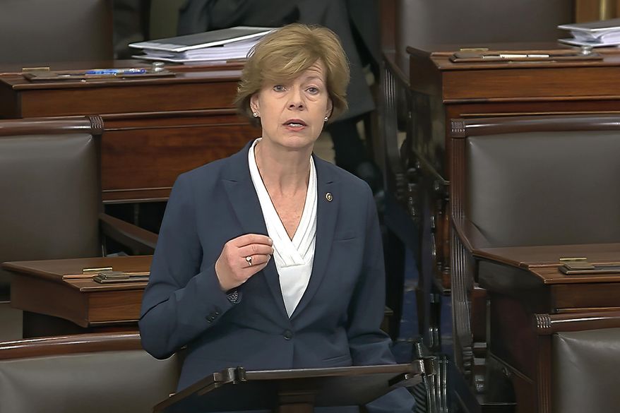 FILE - In this Wednesday, Feb. 5, 2020, file image from video, Sen. Tammy Baldwin, D-Wis., speaks on the Senate floor about the impeachment trial against President Donald Trump at the U.S. Capitol in Washington. Baldwin isn&#39;t saying what her chances are to be picked as presumptive presidential nominee Joe Biden&#39;s running mate. She&#39;s also not saying whether she shares concerns raised by other Democrats about her Republican colleague, Sen. Ron Johnson, possibly assisting a Russian disinformation campaign. (Senate Television via AP, File)