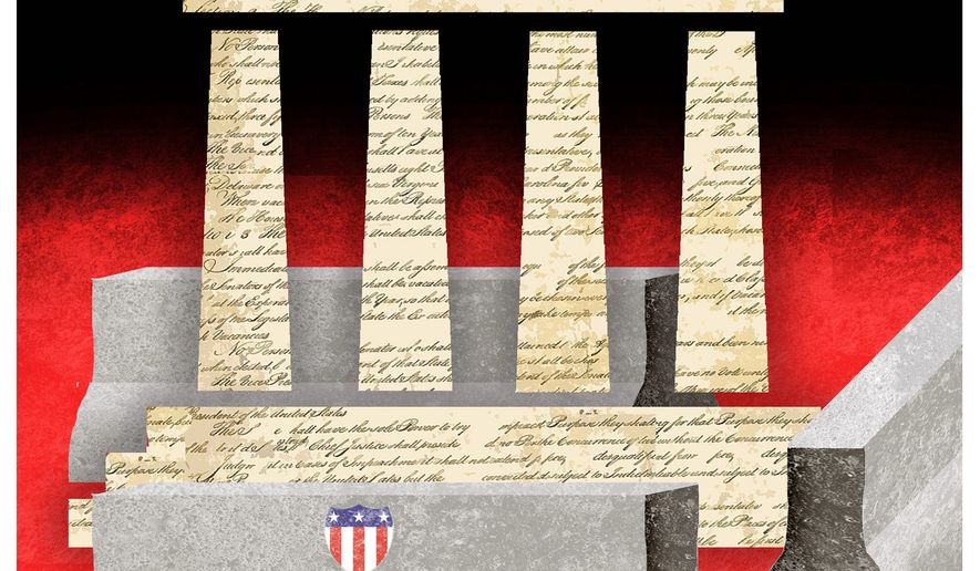 Illustration on the balance of Constitutional rights and Federal force by Alexander Hunter/The Washington Times