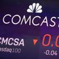 FILE - In this Oct. 1, 2019, file photo the symbol for Comcast appears on a screen at the Nasdaq MarketSite, in New York. The coronavirus pandemic took a toll on Comcast in the second quarter as movie theaters closed, theme parks shut down and advertisers cut back. The company reported Thursday, July 30, 2020, that its NBCUniversal TV, film and theme park divisions, as well as its Sky unit in Europe, all suffered steep drops in revenue in the April-June quarter.  (AP Photo/Richard Drew, File)