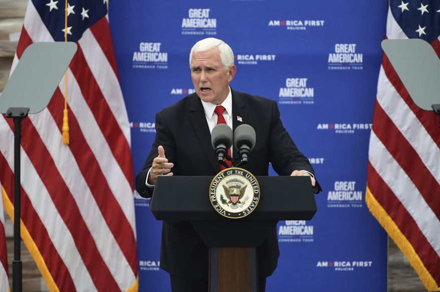 United States Vice President Mike Pence speaks during a &amp;quot;Great American Comeback Tour&amp;quot; campaign stop at Guy Chemical Co. Inc., in Somerset, Pa., Thursday, July 30, 2020. (John Rucosky/Tribune-Democrat via AP) ** FILE **