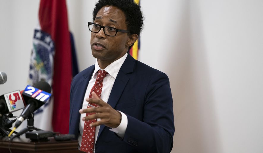 St. Louis County prosecuting attorney Wesley Bell announces Thursday, July 30, 2020, that no charges will be filed against former Ferguson, Mo., police officer Darren Wilson for shooting and killing Michael Brown Jr. on August 9, 2014 in Clayton, Mo. Bell said his administration reopened the case and spent five months reinvestigating.  (Chris Kohley/St. Louis Post-Dispatch via AP)