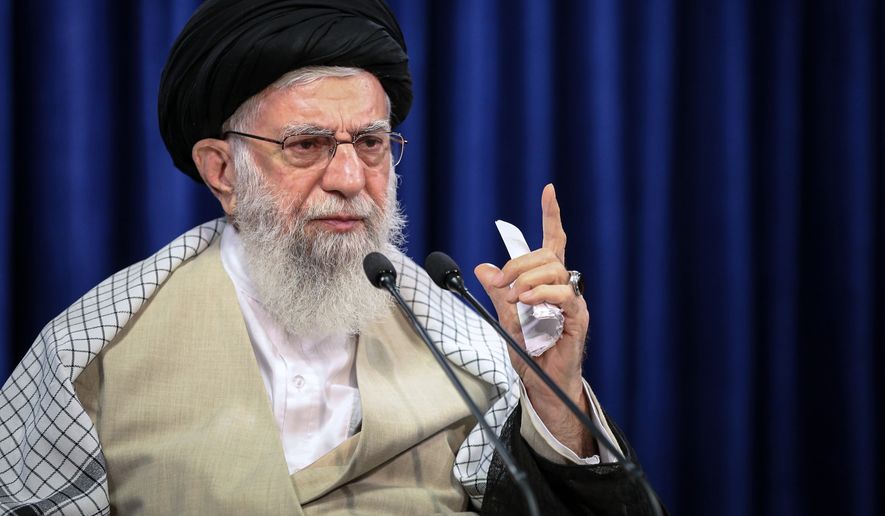 In this picture released by an official website of the Office of the Iranian Supreme leader, Supreme Leader Ayatollah Ali Khamenei addresses the nation in a televised speech marking the Eid al-Adha holiday, in Tehran, Iran, Friday, July 31, 2020. Khamenei said Friday his country will not negotiate with the United States because America would only use talks for propaganda purposes. (Office of the Iranian Supreme Leader via AP)