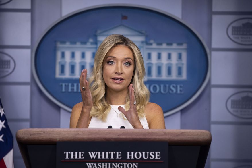 White House press secretary Kayleigh McEnany speaks during a press briefing in the James Brady Press Briefing Room at the White House, Friday, July 31, 2020, in Washington. (AP Photo/Alex Brandon)