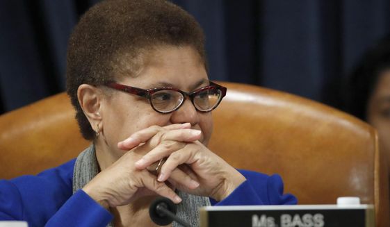 In this Dec. 12, 2019, photo Rep. Karen Bass, D-Calif., listens during a House Judiciary Committee markup of the articles of impeachment against President Donald Trump, on Capitol Hill in Washington. (AP Photo/Alex Brandon) **FILE**