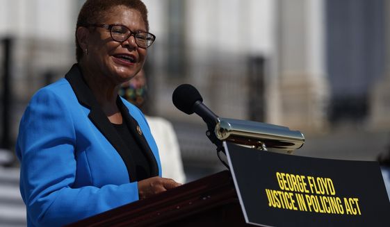 In this June 25, 2020, file photo Rep. Karen Bass, D-Calif., speaks during a news conference on the House East Front Steps on Capitol Hill in Washington ahead of the House vote on the George Floyd Justice in Policing Act of 2020. (AP Photo/Carolyn Kaster, File)