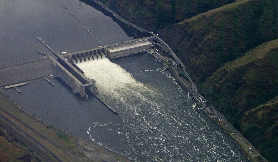 In this May 15, 2019, file photo, the Lower Granite Dam on the Snake River is seen from the air near Colfax, Washington. The federal government said Friday, July 31, 2020, four giant dams on the Snake River in Washington state will not be removed to help endangered salmon migrate to the ocean. (AP Photo/Ted S. Warren, File)
