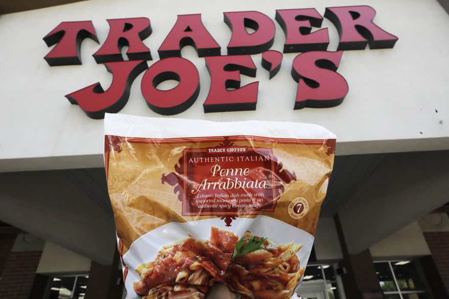 Trader Giotto's Penne Arrabbiata is shown in from of Trader Joe's Friday, July 31, 2020, in Salt Lake City. The popular grocery chain Trader Joe's says it won't be changing ethnic-sounding labels on its line of Mexican, Chinese and other international foods, adding they are not racist. Earlier this month the company said it was looking at changing some labels. But now it says it has no problem with ethnic-food labels like Trader Jose's, Trader Ming's and Arabian Joe. Other Trader Joe's names cited include Arabian Joe for Middle Eastern food, Trader Giotto's for Italian and Trader Joe San for Japanese cuisine. (AP Photo/Rick Bowmer)