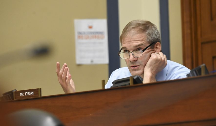 Rep. Jim Jordan, R-Ohio, speaks during a House Select Subcommittee hearing on the Coronavirus, Friday, July 31, 2020, on Capitol Hill in Washington. (Erin Scott/Pool via AP) ** FILE **