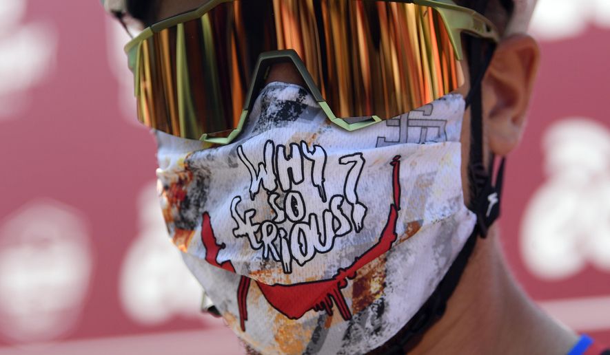 Peter Sagan wears his mask prior to the start of the "Strade Bianche" cycling race from Siena to Siena, Italy, Saturday, Aug. 1, 2020. (Fabio Ferrari/LaPresse via AP)
