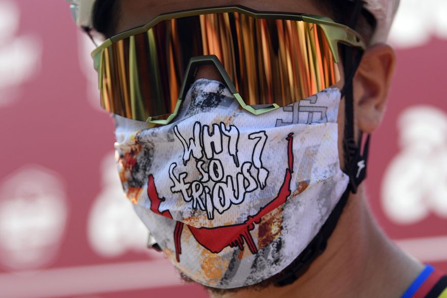 Peter Sagan wears his mask prior to the start of the "Strade Bianche" cycling race from Siena to Siena, Italy, Saturday, Aug. 1, 2020. (Fabio Ferrari/LaPresse via AP)