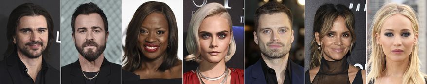 In this combination photo of celebrities with birthdays from Aug. 9-15, Juanes, from left, arrives at the Latin Recording Academy Person of the Year gala in his honor on Nov. 13, 2019, in Las Vegas, Justin Theroux attends the launch of New Tiffany and Co. Men's Collection on Oct. 11, 2019, in Los Angeles, Viola Davis attends the Disney ABC Television Critics Association Summer Press Tour on Aug. 6, 2017, in Beverly Hills, Calif., Viola Davis attends the Disney ABC Television Critics Association Summer Press Tour on Aug. 6, 2017, in Beverly Hills, Calif., Cara Delevingne attends the STX Films The State of the Industry: Past, Present and Future presentation during CinemaCon on March 28, 2017, in Las Vegas, Sebastian Stan attends the "Avengers: Infinity War" fan event in London on April 8, 2018, Halle Berry attends the world premiere of "John Wick: Chapter 3 - Parabellum" on May 9, 2019, in New York and Jennifer Lawrence attends the photo call for "Red Sparrow'" in London on Feb. 20, 2018. (AP Photo)
