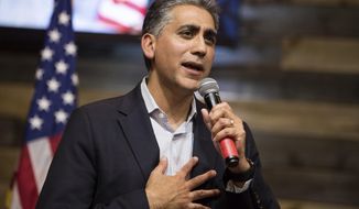 Republican U.S. Senate candidate Dr. Manny Sethi speaks during a town hall meeting with Sen. Ted Cruz, R-Texas, at Music City Baptist Church in Mt. Juliet, Tenn., Friday, July 24, 2020. (Andrew Nelles/The Tennessean via AP)