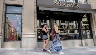 A JoS. A. Bank clothing chain location in Washington, Monday, Aug. 3, 2020. Tailored Brands, known for its clothing chains Men&#39;s Wearhouse and JoS. A. Bank, struggled as the pandemic shut stores and consumer demand for office attire dropped, has filed for bankruptcy. (AP Photo/Andrew Harnik)