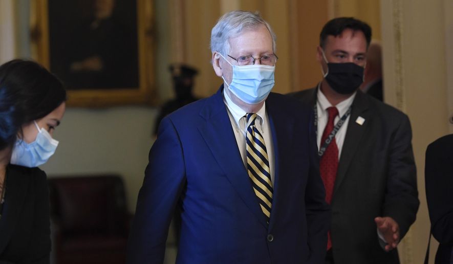 Senate Majority Leader Mitch McConnell of Ky., walks back to his office on Capitol Hill in Washington, Monday, Aug. 3, 2020. (AP Photo/Susan Walsh) ** FILE **