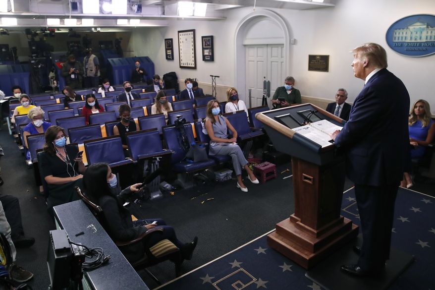 President Donald Trump speaks during a briefing with reporters in the James Brady Press Briefing Room of the White House, Tuesday, Aug. 4, 2020, in Washington.(AP Photo/Alex Brandon)