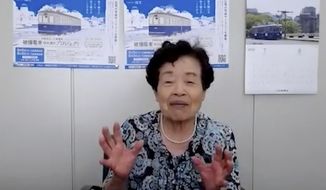 In this image made from video, Tetsuko Shakuda speaks during a video interview in Hiroshima, western Japan, Monday, Aug. 3, 2020. Shakuda was a frightened 14-year-old when she resumed her work as a conductor on a tram line in the devastated city of Hiroshima, just three days after the atomic bomb exploded 75 years ago, badly damaging the tracks and most of the trams. The U.S. first atomic bomb that exploded on Aug. 6, 1945, changed everything. As that first tram on Aug. 9 moved through Hiroshima, it passed huge piles of rubble and decomposing bodies. (AP Photo)