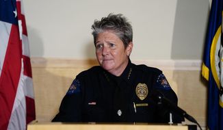 FILE - In this July 3, 2020, file photo, Aurora Police Department Interim Chief Vanessa Wilson speaks during a news conference in Aurora, Colo. Wilson was picked to be the chief of the Aurora Police Department in a 10-1 vote Monday night, Aug. 3 becoming the first woman to hold the job, after competing with three other nationwide finalists to lead the agency in Colorado’s third largest city, a diverse community east of Denver.  (Philip B. Poston/Sentinel Colorado via AP, File)