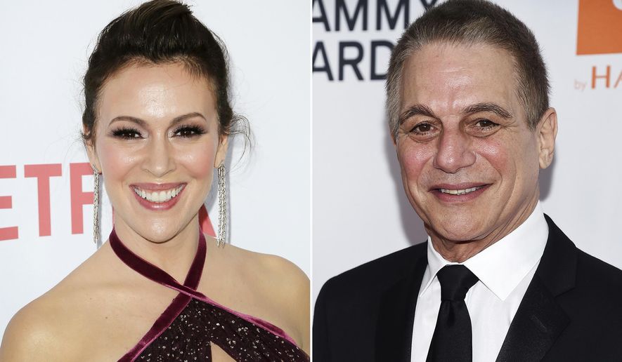 In this combination photo, Alyssa Milano, left, arrives at the premiere of "Insatiable" on Aug. 9, 2018, in Los Angeles and Tony Danza arrives at the Pre-Grammy Gala and Salute To Industry Icons on Jan. 27, 2018, in New York. A sequel to “Who’s the Boss?” is in the works at Sony Pictures Television, with Danza and Milano set to reprise their father-daughter roles from the 1980s-'90s sitcom. (AP Photo)