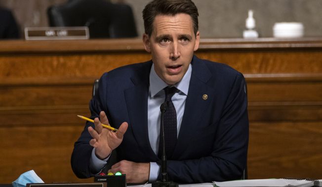 Sen. Josh Hawley, R-Mo., speaks during a Senate Judiciary Committee oversight hearing on Capitol Hill in Washington, Wednesday, Aug. 5, 2020, to examine the Crossfire Hurricane investigation. (AP Photo/Carolyn Kaster, Pool)