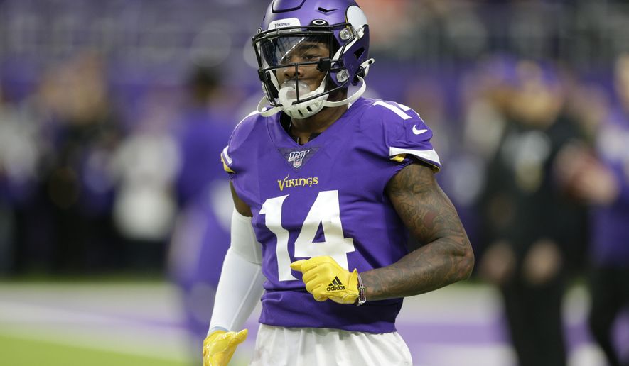 FILE - In this Sunday, Dec. 29, 2019 file photo, Minnesota Vikings wide receiver Stefon Diggs runs on the field before an NFL football game against the Chicago Bears in Minneapolis. Stefon Diggs is getting his new beginning with the Buffalo Bills, and he isn’t dwelling on his acrimonious departure from the Minnesota Vikings. (AP Photo/Andy Clayton-King, File)