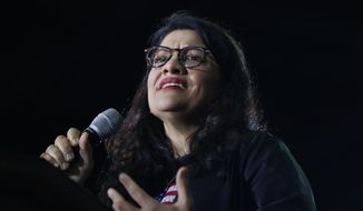 In this March 6, 2020, photo, Rep. Rashida Tlaib, D-Mich., speaks at a campaign rally in Detroit. (AP Photo/Paul Sancya) ** FILE **