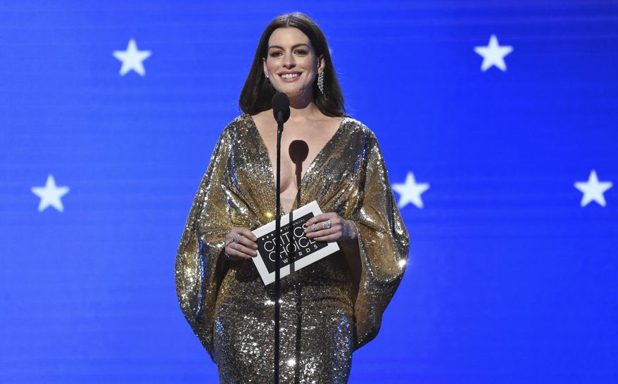 FILE - Anne Hathaway presents the award for best actor at the 25th annual Critics' Choice Awards on Sunday, Jan. 12, 2020, at the Barker Hangar in Santa Monica, Calif. Hathaway is among this year's inductees into the New Jersey Hall of Fame announced Wednesday, Aug. 5, 2020. (AP Photo/Chris Pizzello, File)