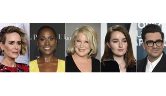 This combination of images shows actors, from left, Sarah Paulson, Issa Rae, Bette Midler, Kaitlyn Dever and Dan Levy who will star in the HBO comedy &amp;quot;Coastal Elites,&amp;quot; premiering September 12. (AP Photo)