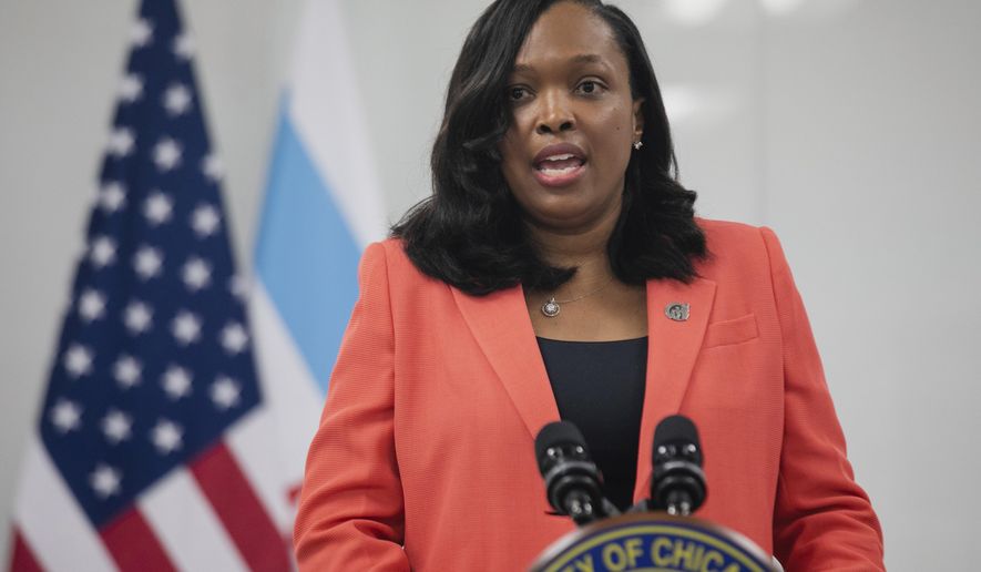 FILE - In this Friday, July 17, 2020, file photo, Chicago Public Schools CEO Janice Jackson speaks during a news conference at the CPS headquarters announcing a preliminary reopening framework for public schools, in Chicago. Chicago Public Schools is expected to announce Wednesday, Aug. 5, 2020, that it will start the school year with all-remote learning in response to coronavirus concerns, according to published reports. (Pat Nabong/Chicago Sun-Times via AP, File)