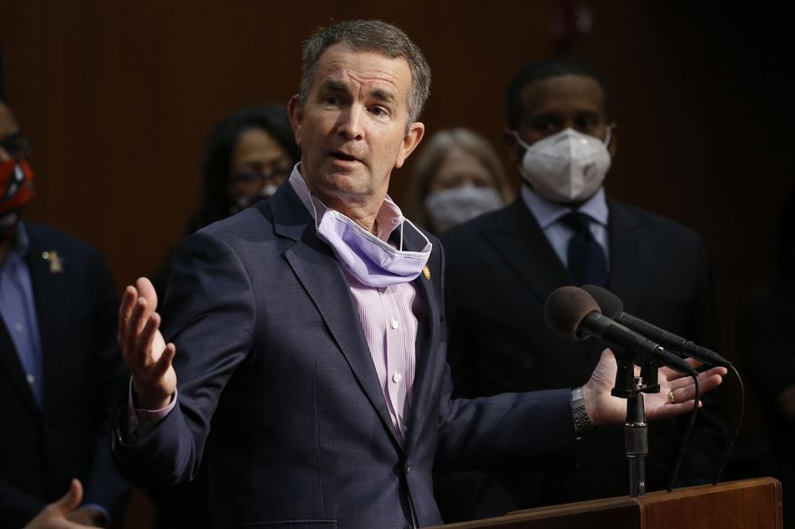 In this June 4, 2020, file photo Virginia Gov. Ralph Northam speaks during a news conference in Richmond, Va. Virginia has rolled out a smartphone app to automatically notify people if they might have been exposed to the coronavirus. It&#39;s the first U.S. state to use new pandemic technology created by Apple and Google. The Covidwise app was available on the tech giants’ app stores Wednesday, Aug. 5,  ahead of an expected announcement from Democratic Gov. Ralph Northam.(AP Photo/Steve Helber, File)  ** FILE **