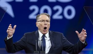 National Rifle Association Executive Vice President and CEO Wayne LaPierre speaks at Conservative Political Action Conference, CPAC 2020, at the National Harbor, in Oxon Hill, Md.  (AP Photo/Jose Luis Magana, File)