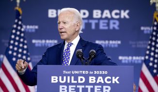 Democratic presidential candidate former Vice President Joe Biden speaks at a campaign event at the William &amp;quot;Hicks&amp;quot; Anderson Community Center in Wilmington, Del., Tuesday, July 28, 2020.(AP Photo/Andrew Harnik)