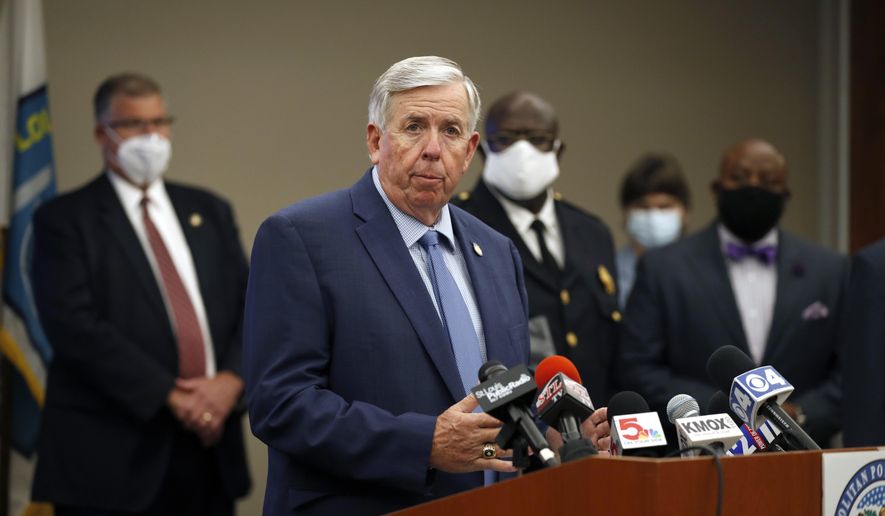Missouri Gov. Mike Parson speaks during a news conference Thursday, Aug. 6, 2020, in St. Louis. Officials announced St. Louis has been added to the list of cities that will receive assistance from Operation Legend, a federal anti-crime program launched to help city police in their effort to reduce violent crime. (AP Photo/Jeff Roberson)