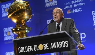 FILE - Lorenzo Soria speaks at the nominations for the 77th annual Golden Globe Awards on Dec. 9, 2019, in Beverly Hills, Calif. Soria, president of the Hollywood Foreign Press Association and former editor of the Italian news weekly L&#39;Espresso, died Friday, the association said. He was 68. (AP Photo/Chris Pizzello, File)