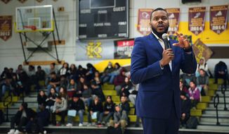In this image released by HBO, Mayor Michael Tubbs speaks to high school students in Stockton, Calif., in a scene from the documentary &amp;quot;Stockton On My Mind.&amp;quot;  The film dives into the dreams of an unlikely mayor, who became the community’s youngest and first Black mayor in 2016, and who defied odds to lead his impoverished, Central California city. (HBO via AP)