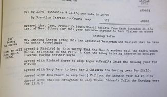 A paragraph in the Colonial Vestry Book of Lynnhaven Parish Princess Anne County Virginia 1723-1786 shows an entry of slave was bought and sold, is shown Monday, June 29, 2020 in Virginia Beach, Va. The&#39; N. Pham/The Virginian-Pilot via AP)