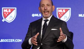  In this Feb. 26, 2020, file photo, Major League Soccer Commissioner Don Garber speaks during the Major League Soccer 25th Season kickoff event in New York. Major League Soccer said Saturday, Aug. 8, 2020, it will resume its season once the MLS is Back tournament in Florida wraps up.  The league&#39;s 26 teams will each play 18 games, with the first between FC Dallas and Nashville set for Aug. 12.(AP Photo/Richard Drew, File)  **FILE**