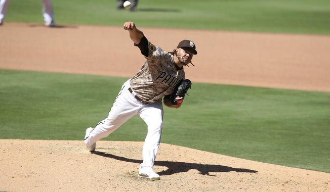 San Diego Padres Dinelson Lamet took a no-hitter into the seventh inning against the Arizona Diamondbacks&#x27; during a baseball game Sunday, Aug. 9, 2020, in San Diego. (AP Photo/Derrick Tuskan)