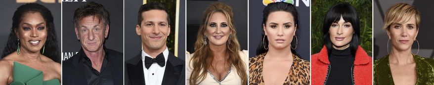 In this combination photo of celebrities with birthdays from Aug. 16-22, Angela Bassett, from left, arrives at the 51st NAACP Image Awards on Feb. 22, 2020, in Pasadena, Calif., Sean Penn arrives at the Sean Penn J/P Haitian Relief Organization Gala on Jan. 6, 2018, in Los Angeles, Andy Samberg arrives at the 76th annual Golden Globe Awards on Jan. 6, 2019, in Beverly Hills, Calif., Lee Ann Womack arrives at the 61st annual Grammy Awards on Feb. 10, 2019, in Los Angeles, Demi Lovato arrives at the Billboard Music Awards on May 20, 2018, in Las Vegas, Kacey Musgraves attends the Chanel Nº5 In The Snow launch event on Dec. 10, 2019, in New York and Kristen Wiig arrives at the 9th annual Governors Awards on Nov. 11, 2017, in Los Angeles. (AP Photo)