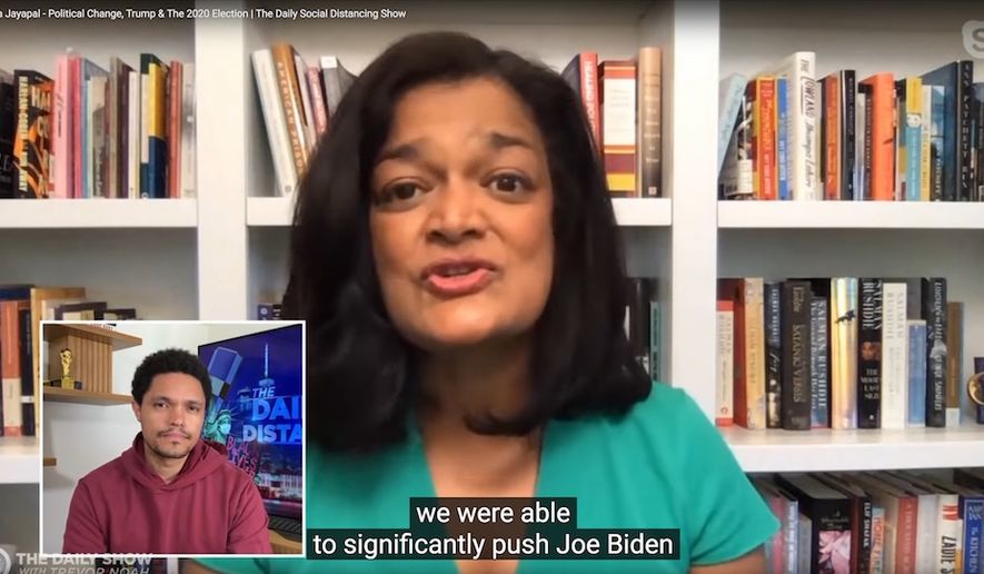 Rep. Pramila Jayapal talks about the 2020 presidential election on Comedy Central, Aug. 10, 2020. The Democrat assured her Seattle constituents and hard-left voters around the nation that Joseph R. Biden would be &quot;movable&quot; if elected in November. (Image: YouTube, &quot;The Daily Show with Trevor Noah&quot; video screenshot)
