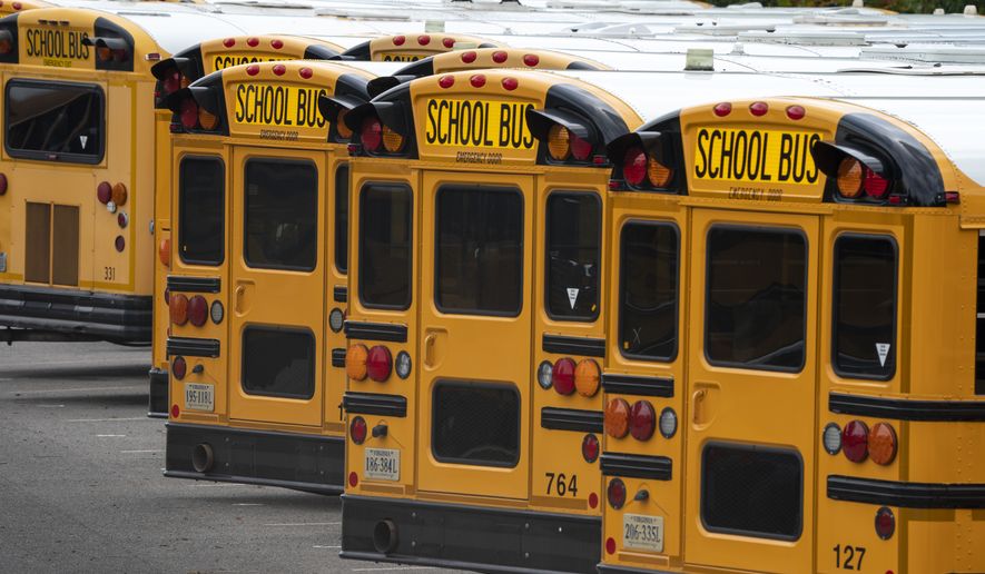In this July 24, 2020, file photo, Fairfax County Public School buses are lined up at a maintenance facility in Lorton, Va. (AP Photo/J. Scott Applewhite) ** FILE **